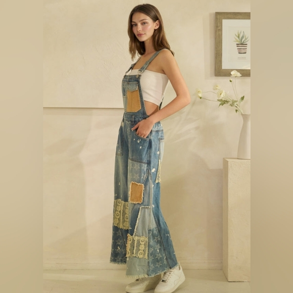 Oli & Hali Blue Denim Patchwork Wide-Leg Overalls - Picture 3 of 4
